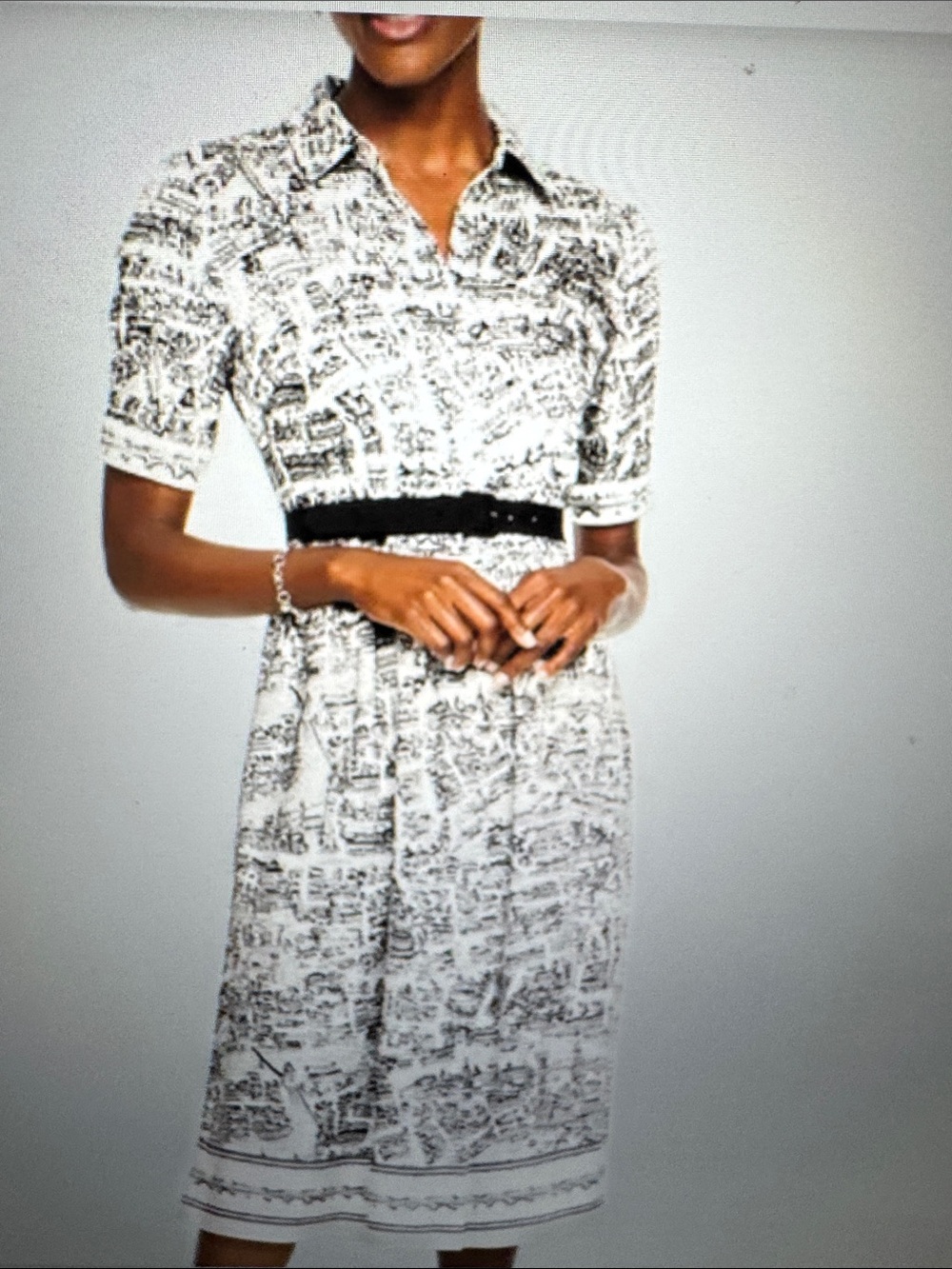 Talbots Black and White Printed Shirtwaist Midi Dress with Belt